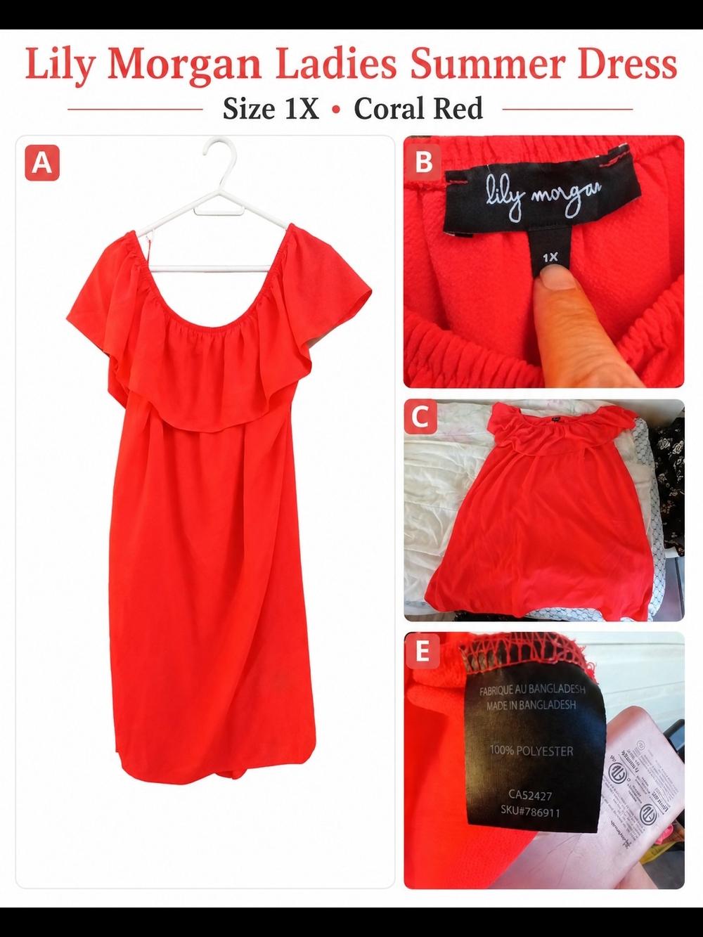 4/$15 Lily Morgan Ladies Summer Dress – Size 1X – Coral Red
